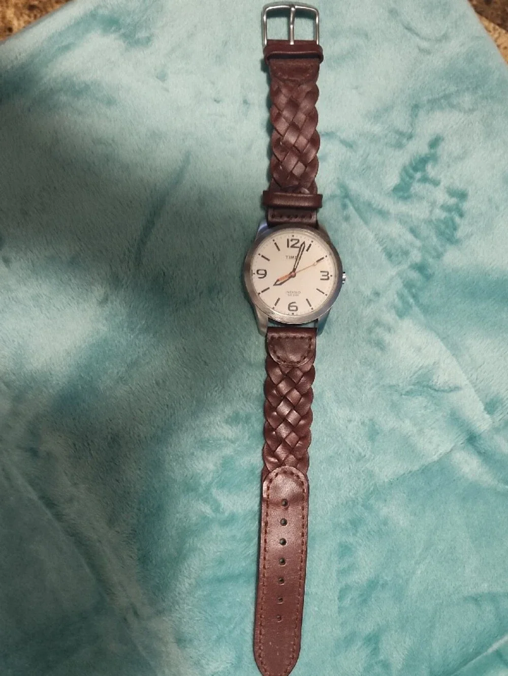 Timex Weekender White Dial Watch with Brown Braided Strap and Orange Accents